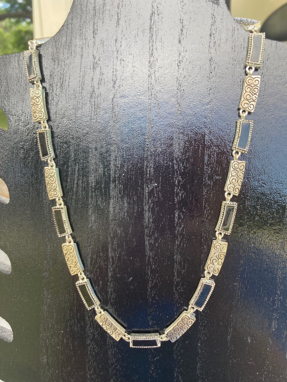 Vintage Napier Necklace 17” etched silvertone black enamel oblong links